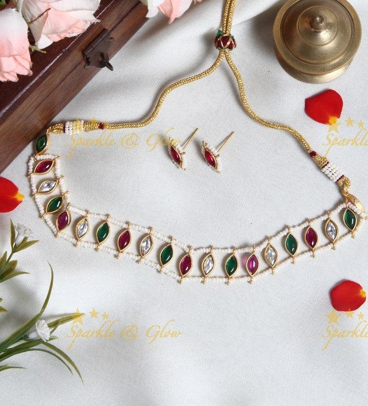 Exclusive pearl cluster outline bindi design stone choker- Green - Sparkle and Glow