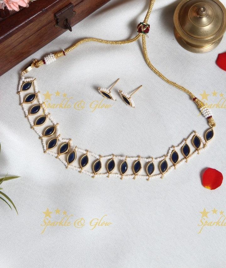 Exclusive pearl cluster outline bindi design stone choker- Green - Sparkle and Glow