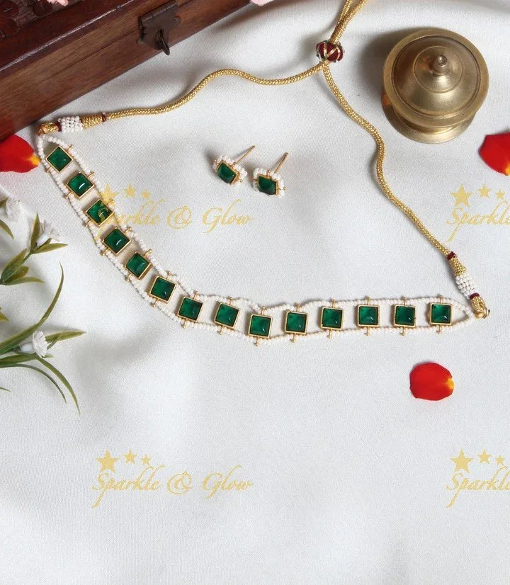 Exclusive pearl cluster outline Square shaped stone choker- Pink Green - Sparkle and Glow
