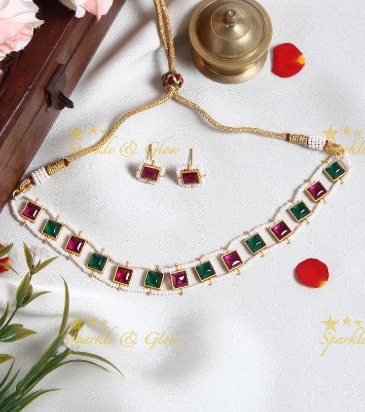 Exclusive pearl cluster outline Square shaped stone choker- Pink Green - Sparkle and Glow
