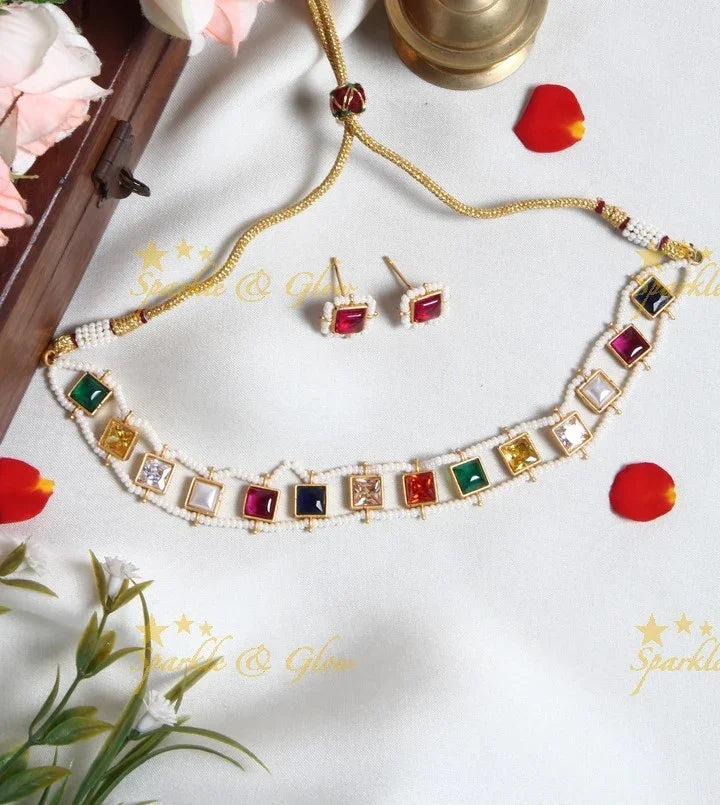 Exclusive pearl cluster outline Square shaped stone choker- Pink Green - Sparkle and Glow