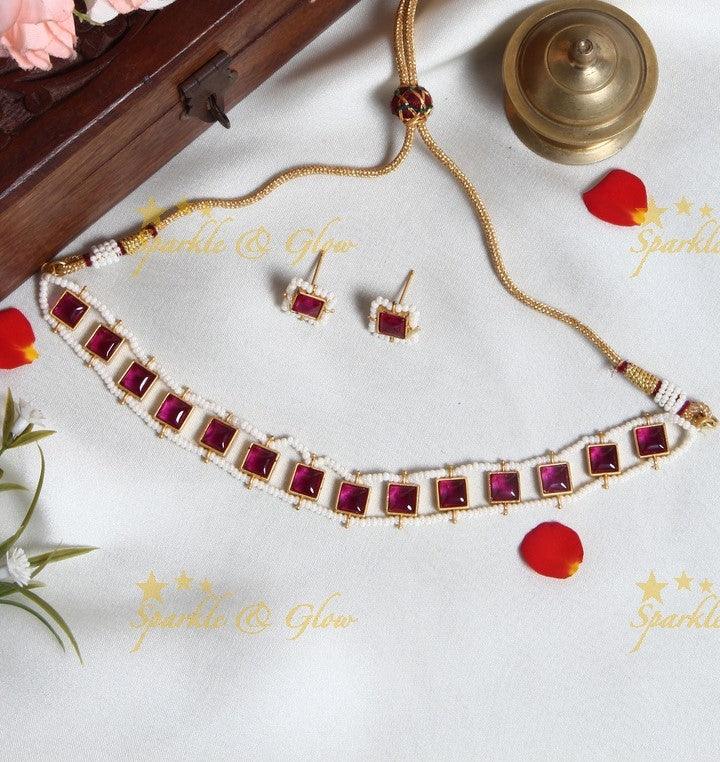 Exclusive pearl cluster outline Square shaped stone choker- Pink Green - Sparkle and Glow