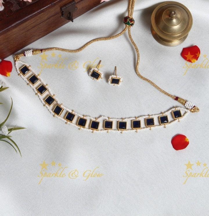 Exclusive pearl cluster outline Square shaped stone choker- Pink Green - Sparkle and Glow