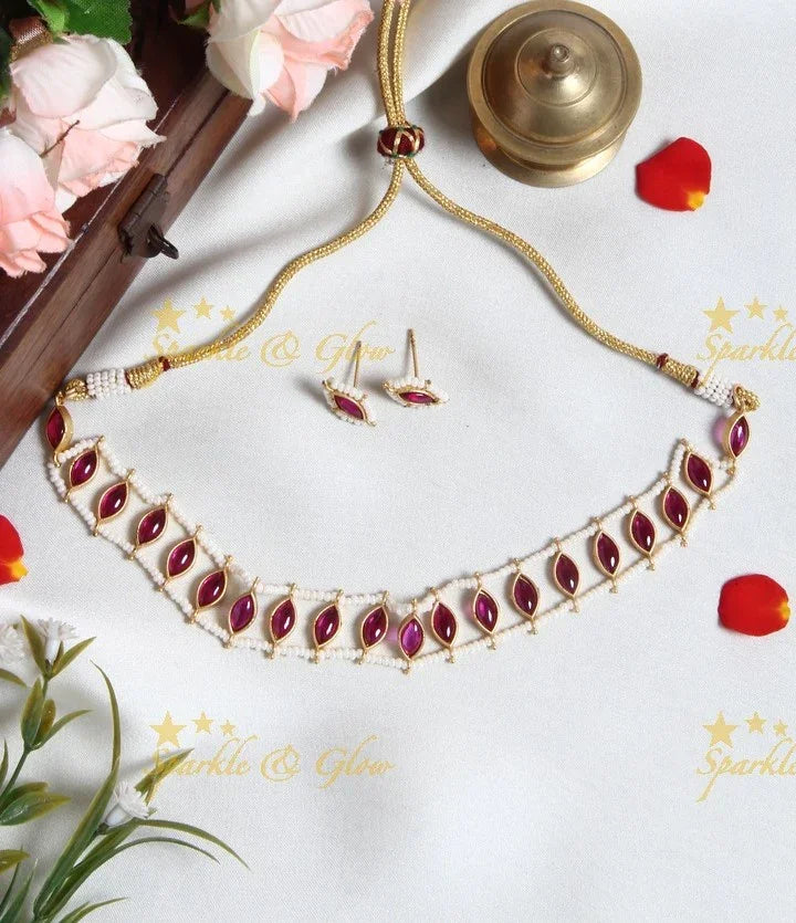 Exclusive pearl cluster outline bindi design stone choker- Green - Sparkle and Glow