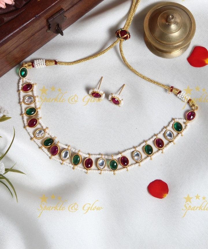 Beautiful round shaped pearl cluster outline stone choker- Navy Blue - Sparkle and Glow