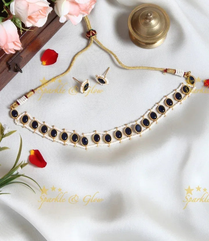 Beautiful round shaped pearl cluster outline stone choker- Navy Blue - Sparkle and Glow