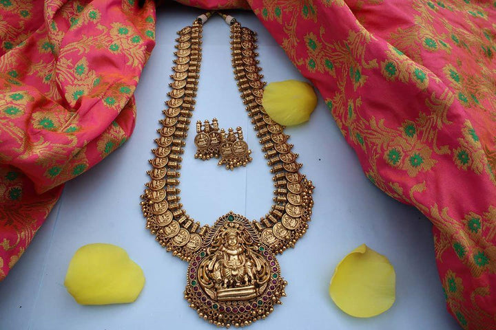 Gold like coin Krishna Playing flute pendent haram with pearl beads - Sparkle and Glow