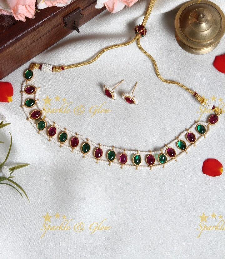 Beautiful round shaped pearl cluster outline stone choker- Navy Blue - Sparkle and Glow