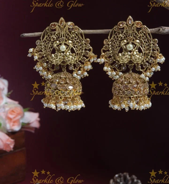 Gold alike peacock jhumukas with semi precious stones- White - Sparkle and Glow