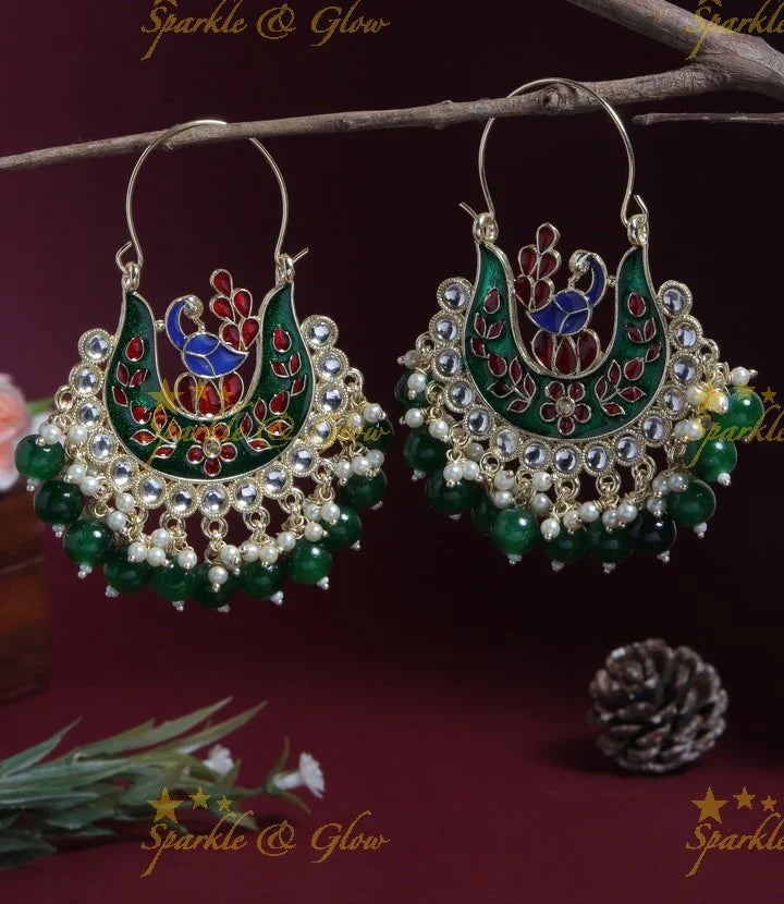 Green Meenakari Peacock Chandbali Earrings