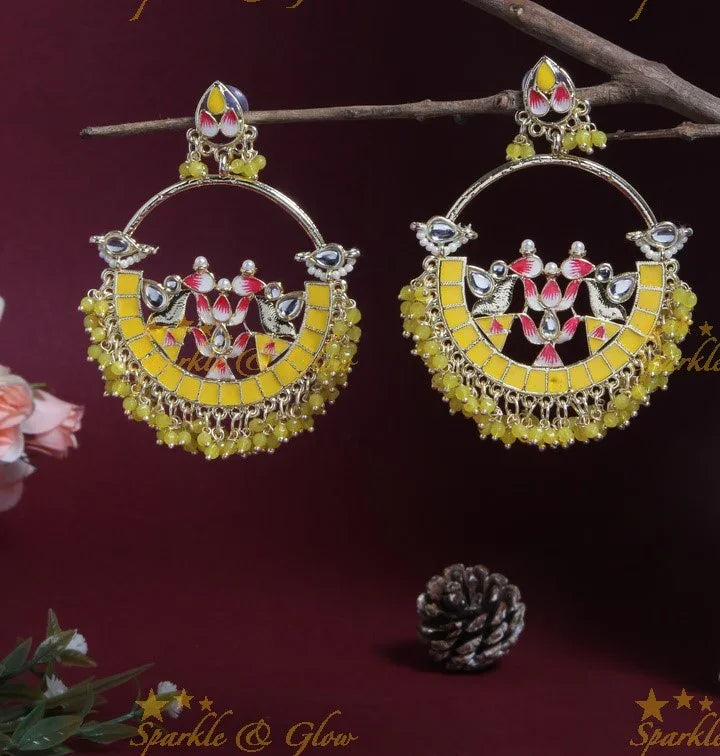 Yellow Meenakari Lotus Chandbali Earrings