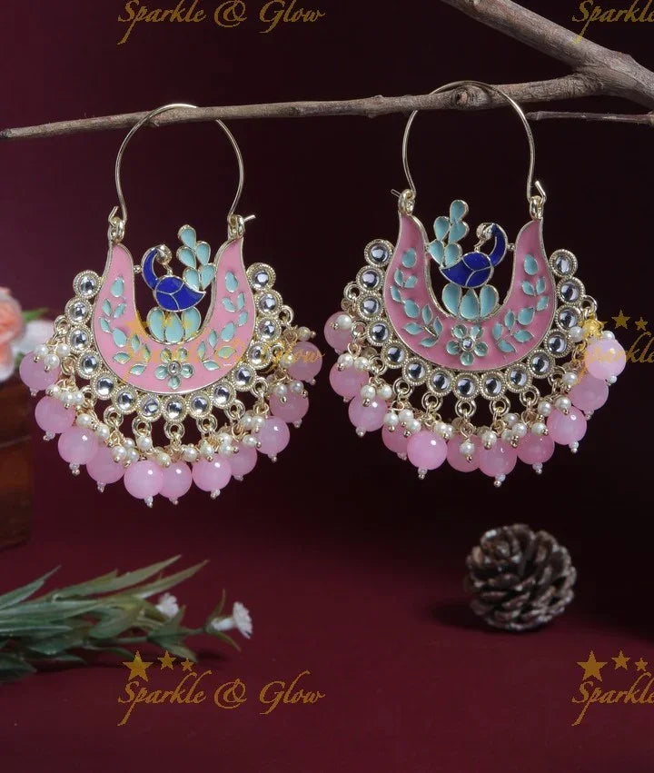 Green Meenakari Peacock Chandbali Earrings