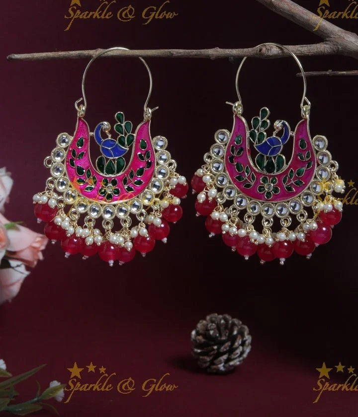 Green Meenakari Peacock Chandbali Earrings