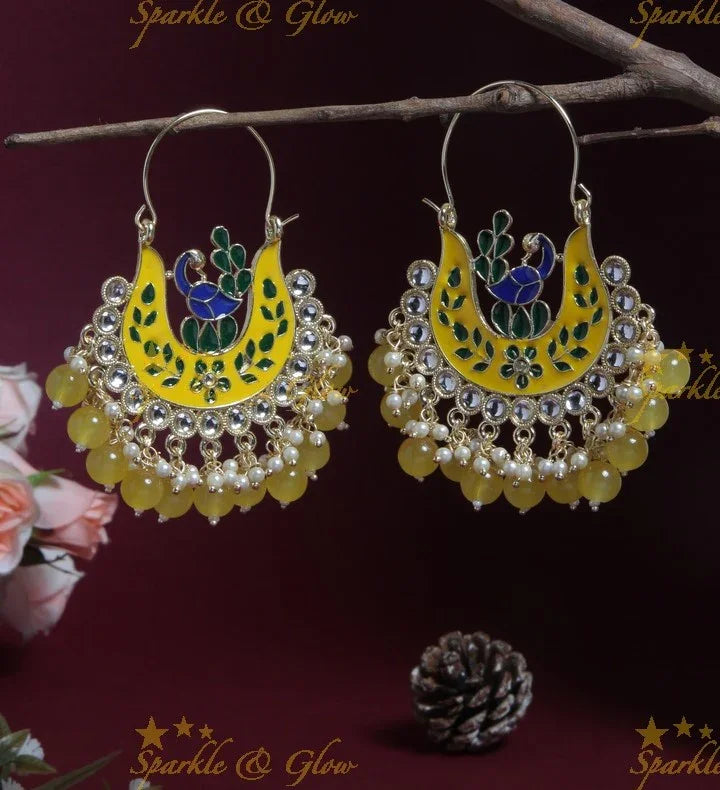 Green Meenakari Peacock Chandbali Earrings