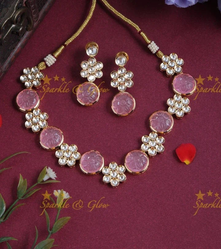 Gold Polished Floral Studded Kundan Stone Necklace- Green - Sparkle and Glow