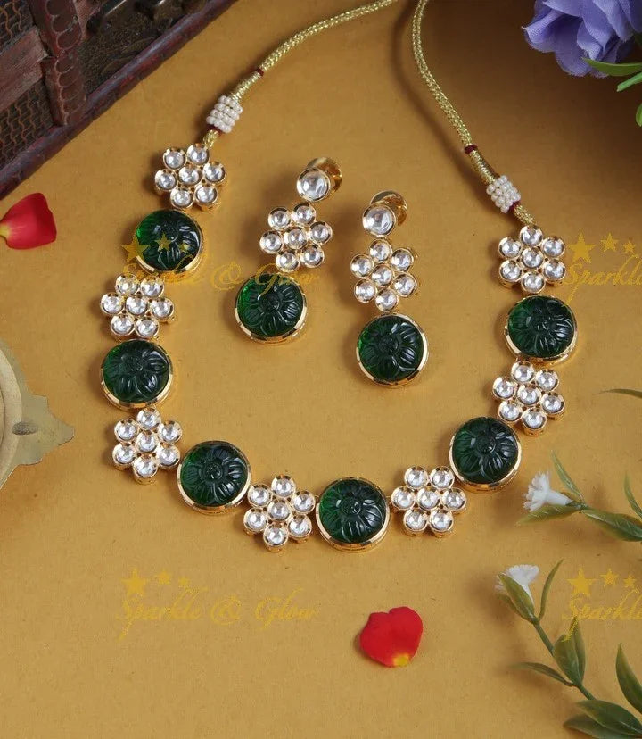 Gold Polished Floral Studded Kundan Stone Necklace- Green - Sparkle and Glow