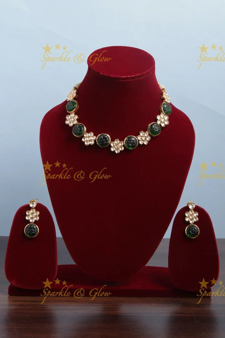 Gold Polished Floral Studded Kundan Stone Necklace- Green - Sparkle and Glow