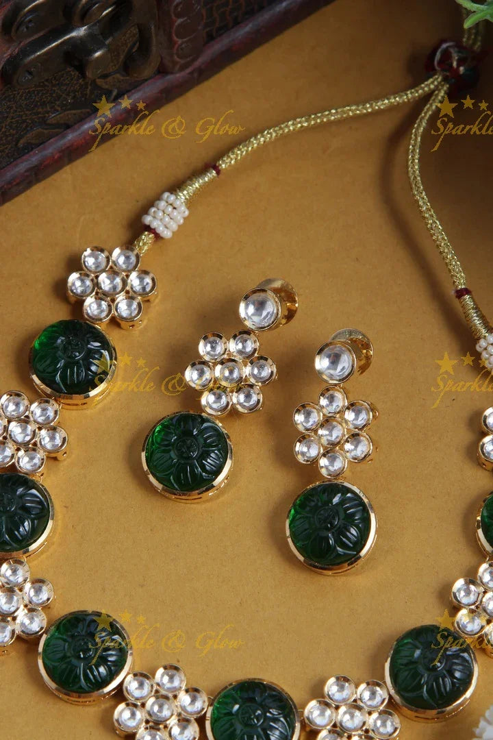 Gold Polished Floral Studded Kundan Stone Necklace- Green - Sparkle and Glow