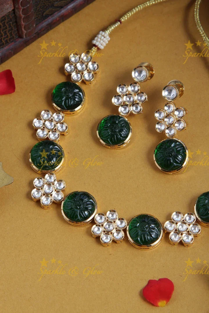 Gold Polished Floral Studded Kundan Stone Necklace- Green - Sparkle and Glow