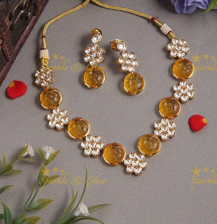 Gold Polished Floral Studded Kundan Stone Necklace- Green - Sparkle and Glow