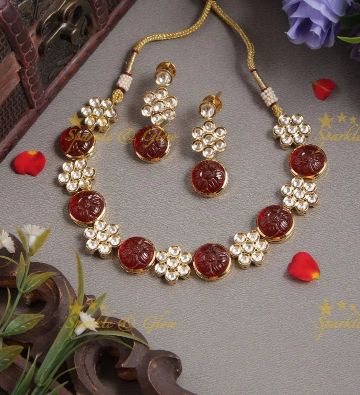Gold Polished Floral Studded Kundan Stone Necklace- Green - Sparkle and Glow
