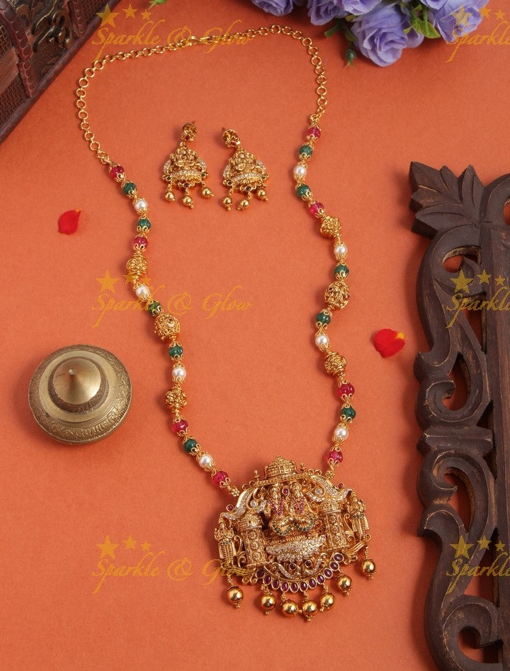 Gold Alike Polished Lakshmi Narayana Pendant Necklace With Gold Beads- Multi