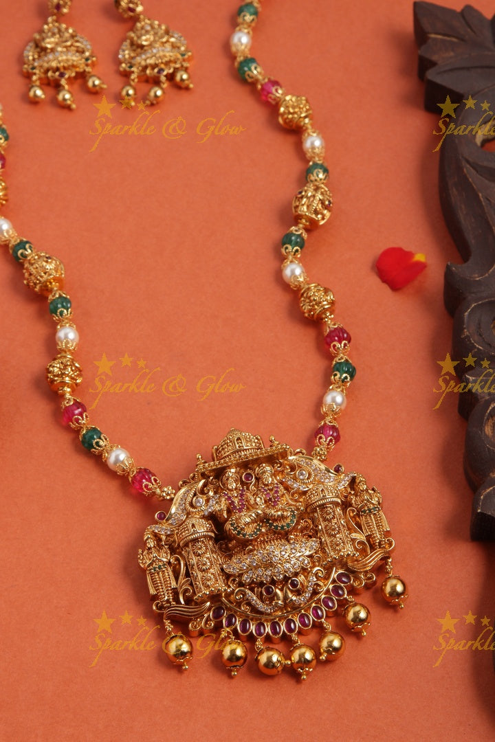 Gold Alike Polished Lakshmi Narayana Pendant Necklace With Gold Beads- Multi