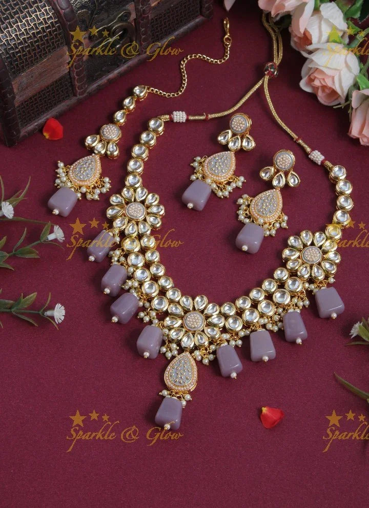 Beautiful Layered Kundan Stone Necklace With Floral Studs- Light Pink - Sparkle and Glow
