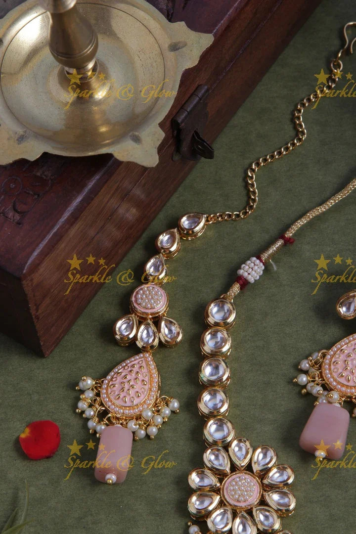 Beautiful Layered Kundan Stone Necklace With Floral Studs- Light Pink - Sparkle and Glow
