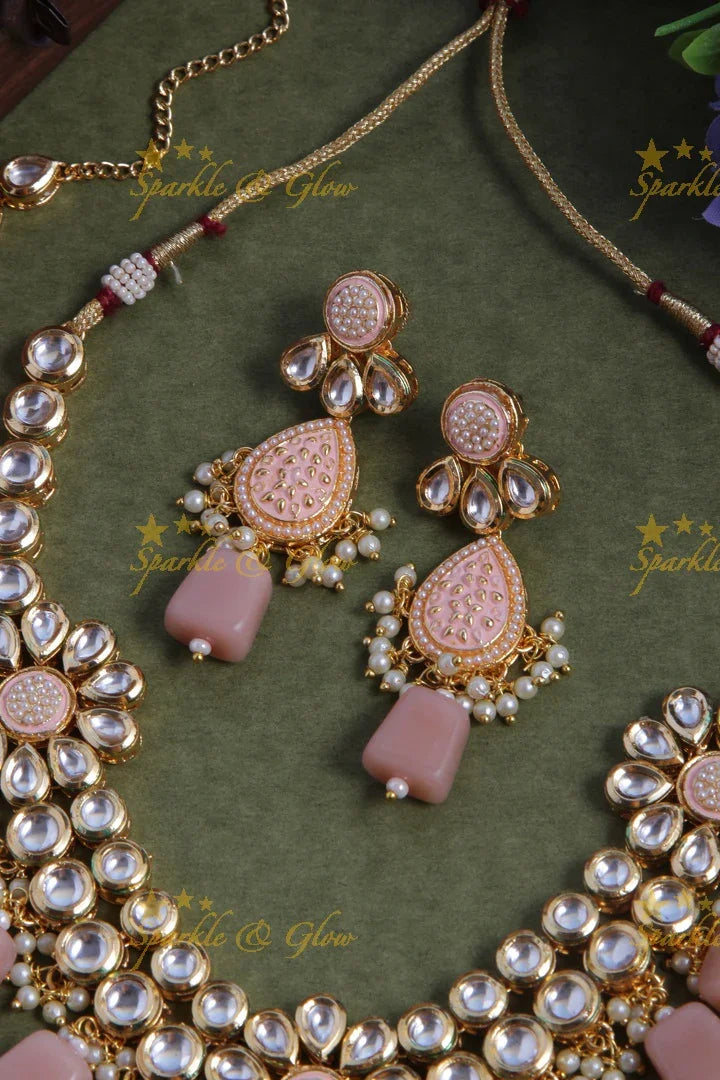 Beautiful Layered Kundan Stone Necklace With Floral Studs- Light Pink - Sparkle and Glow