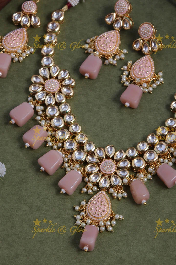 Beautiful Layered Kundan Stone Necklace With Floral Studs- Light Pink - Sparkle and Glow