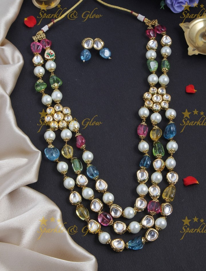 Navarathna Three Layered Kundan Stone Floral Studded Mala