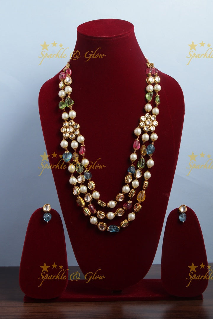 Navarathna Three Layered Kundan Stone Floral Studded Mala