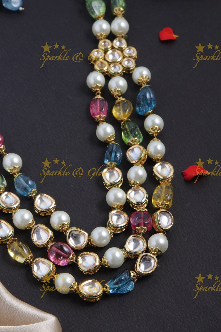 Navarathna Three Layered Kundan Stone Floral Studded Mala