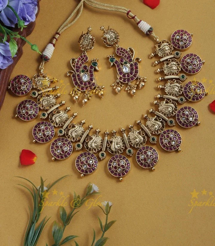 Gold Alike Polished Peacock Design Floral Kemp Coin Necklace - Multi - Sparkle and Glow