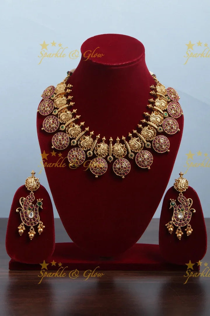 Gold Alike Polished Peacock Design Floral Kemp Coin Necklace - Multi - Sparkle and Glow
