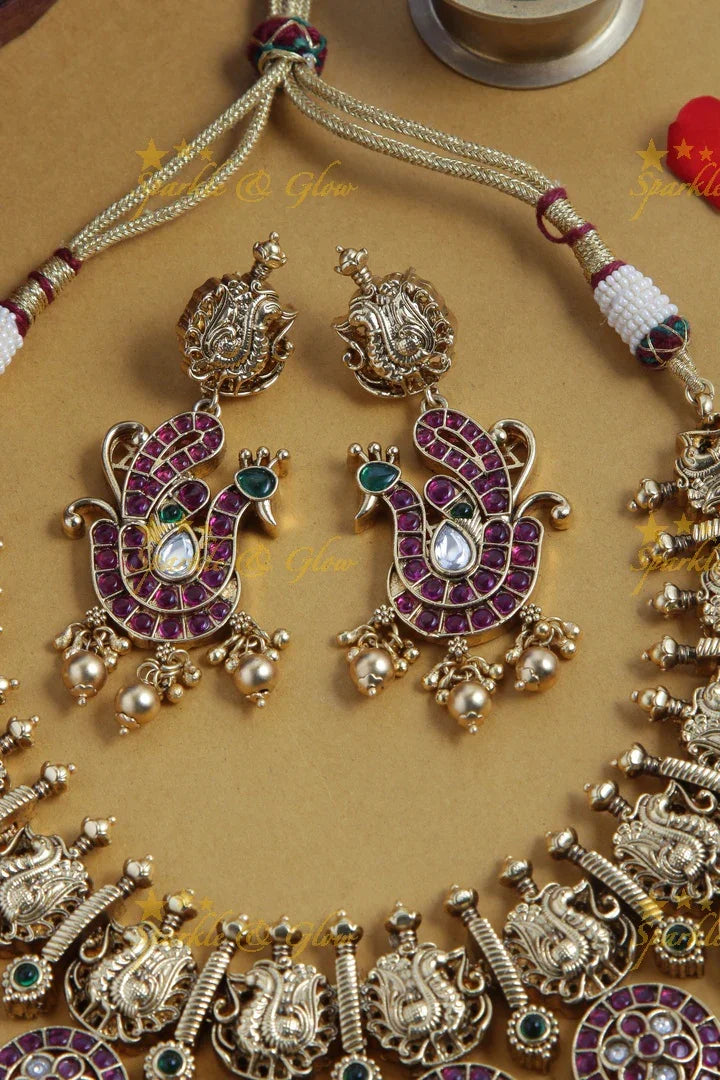 Gold Alike Polished Peacock Design Floral Kemp Coin Necklace - Multi - Sparkle and Glow