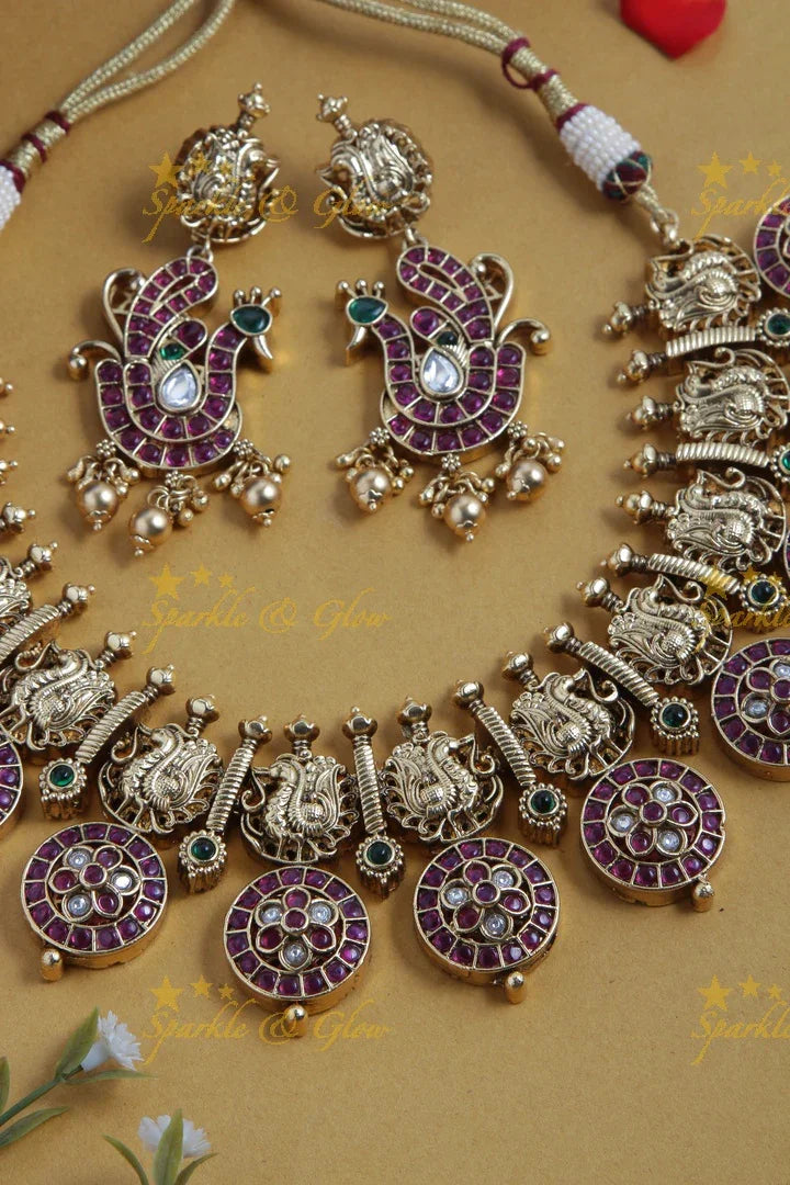 Gold Alike Polished Peacock Design Floral Kemp Coin Necklace - Multi - Sparkle and Glow