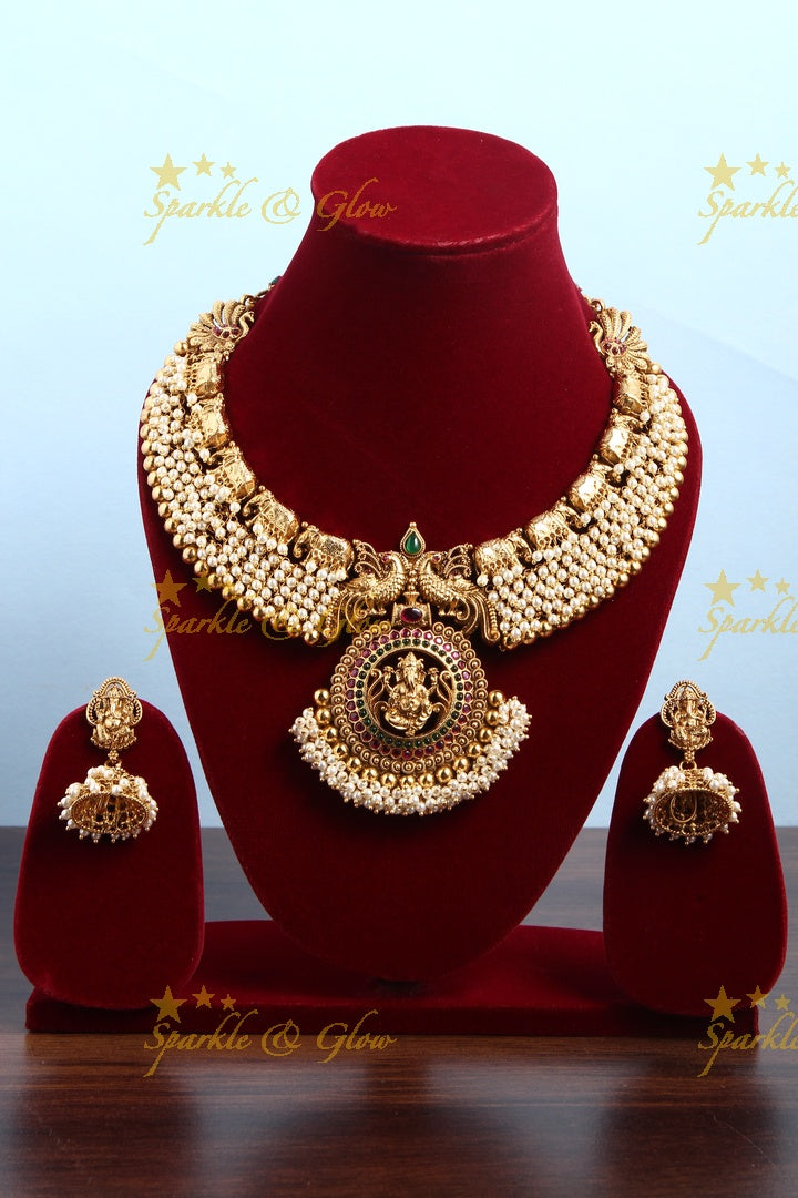 Gold Alike Polished Pearl Cluster Idol Ganesha Pendant Short Neckpiece