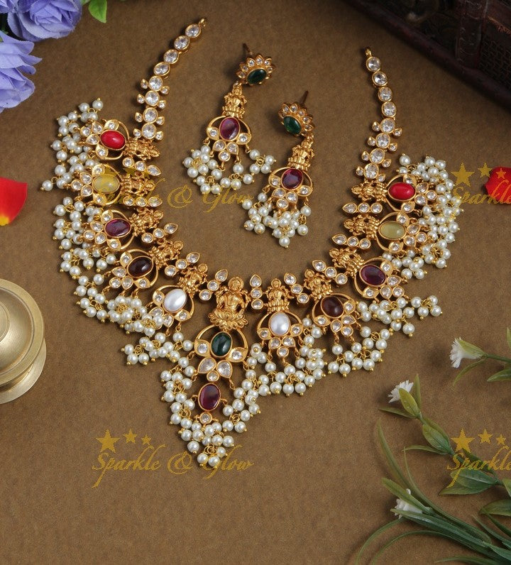 Premium Matte Navarathna Stone Lakshmi Gutta Pusalu Neckpiece