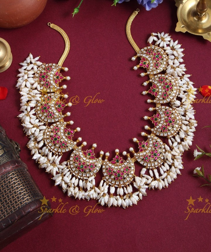 Exclusive Jadau Half Moon Studded Rice Pearl Short Necklace
