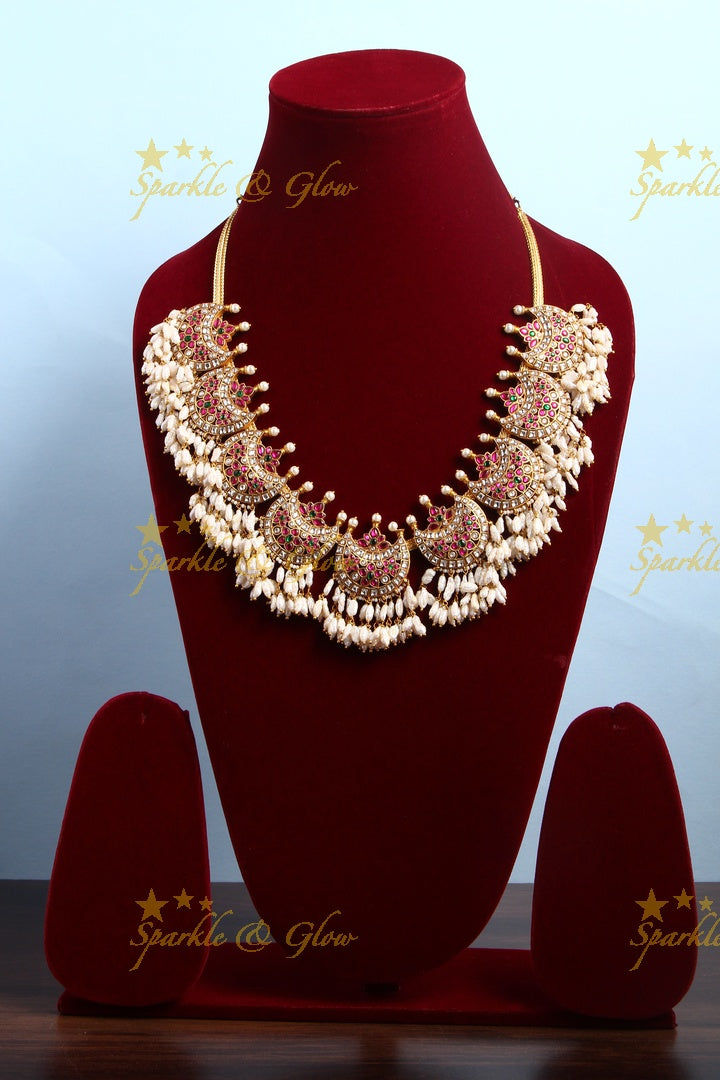 Exclusive Jadau Half Moon Studded Rice Pearl Short Necklace