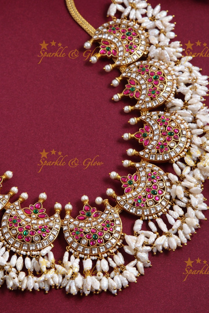 Exclusive Jadau Half Moon Studded Rice Pearl Short Necklace