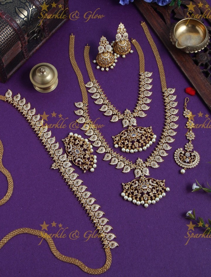 Gold Alike Polished Mango Peacock AD Bridal Set