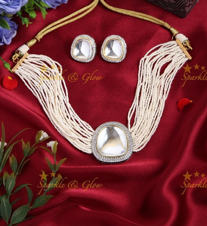 Grand White Kundan Pendant With Pearl Cluster Multi Layered Choker