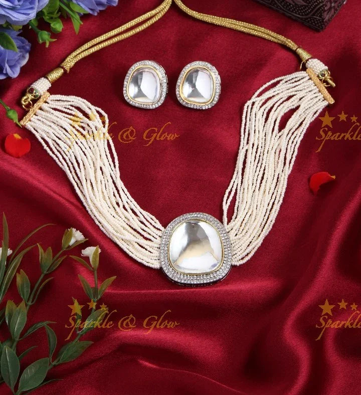 Grand White Kundan Pendant With Pearl Cluster Multi Layered Choker - Sparkle and Glow