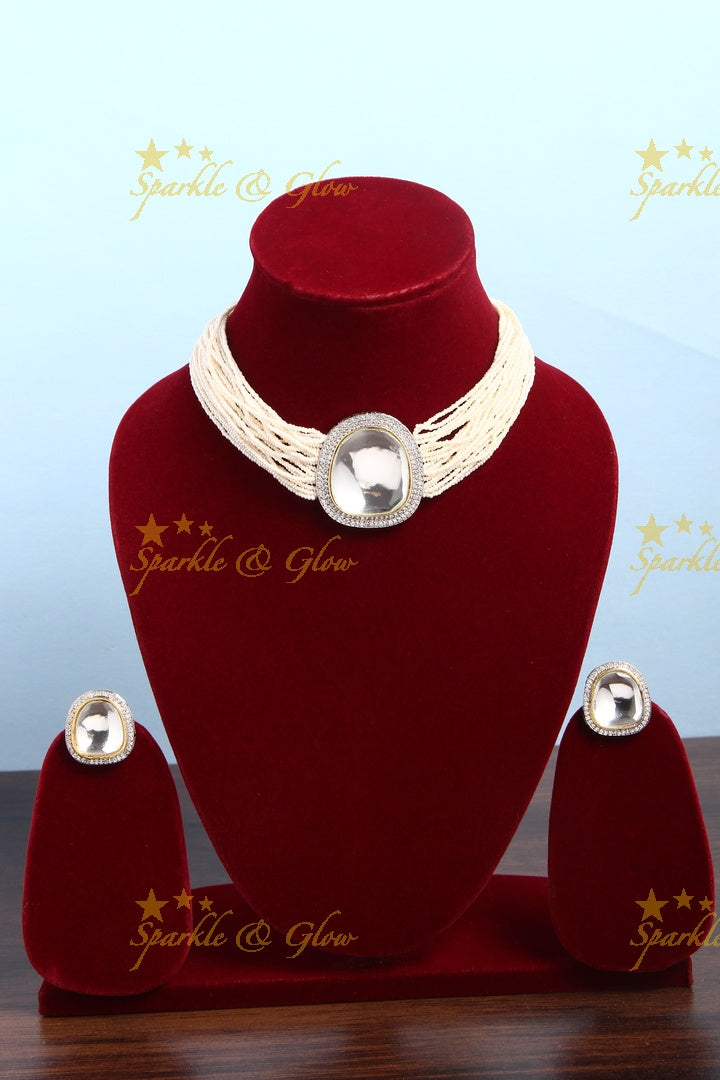 Grand White Kundan Pendant With Pearl Cluster Multi Layered Choker