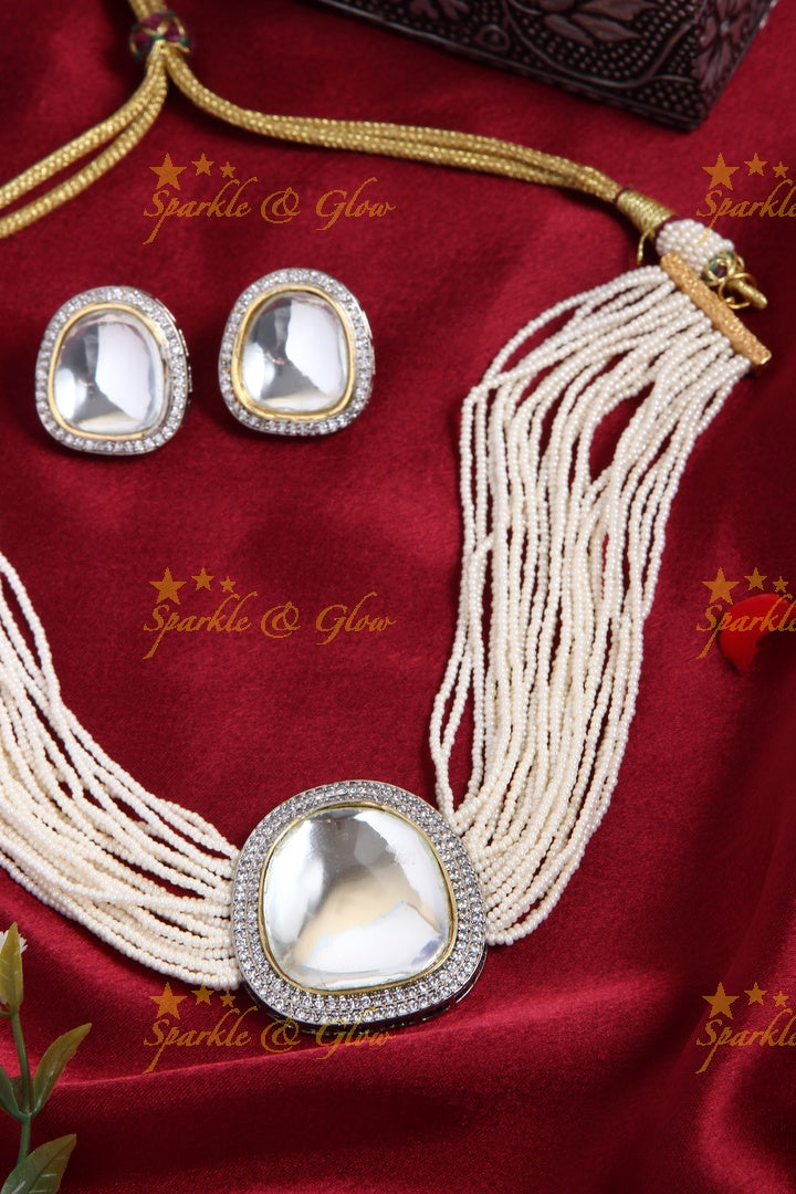 Grand White Kundan Pendant With Pearl Cluster Multi Layered Choker