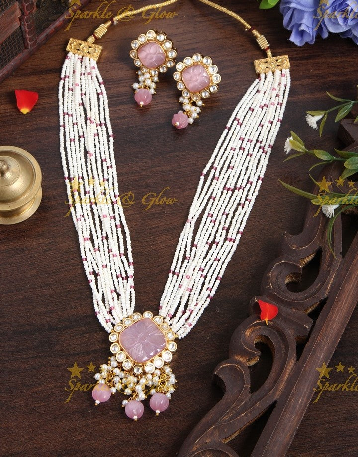 Gold Alike Polished Stone Pendant Multi Layered Pearl Cluster Rani Haram - Mint Green