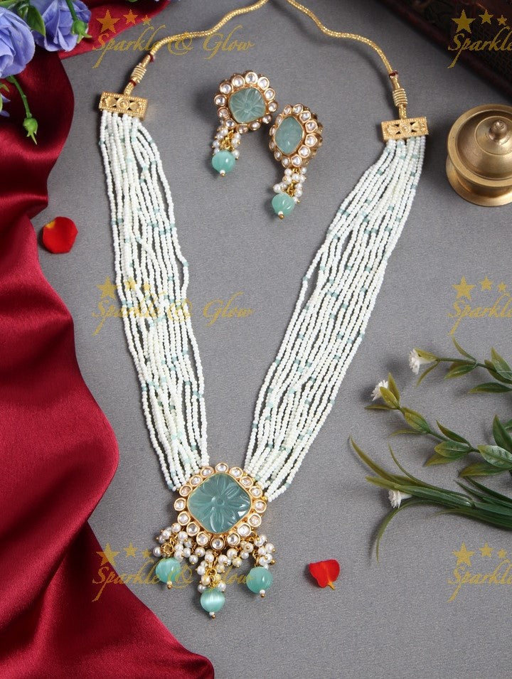 Gold Alike Polished Stone Pendant Multi Layered Pearl Cluster Rani Haram - Mint Green